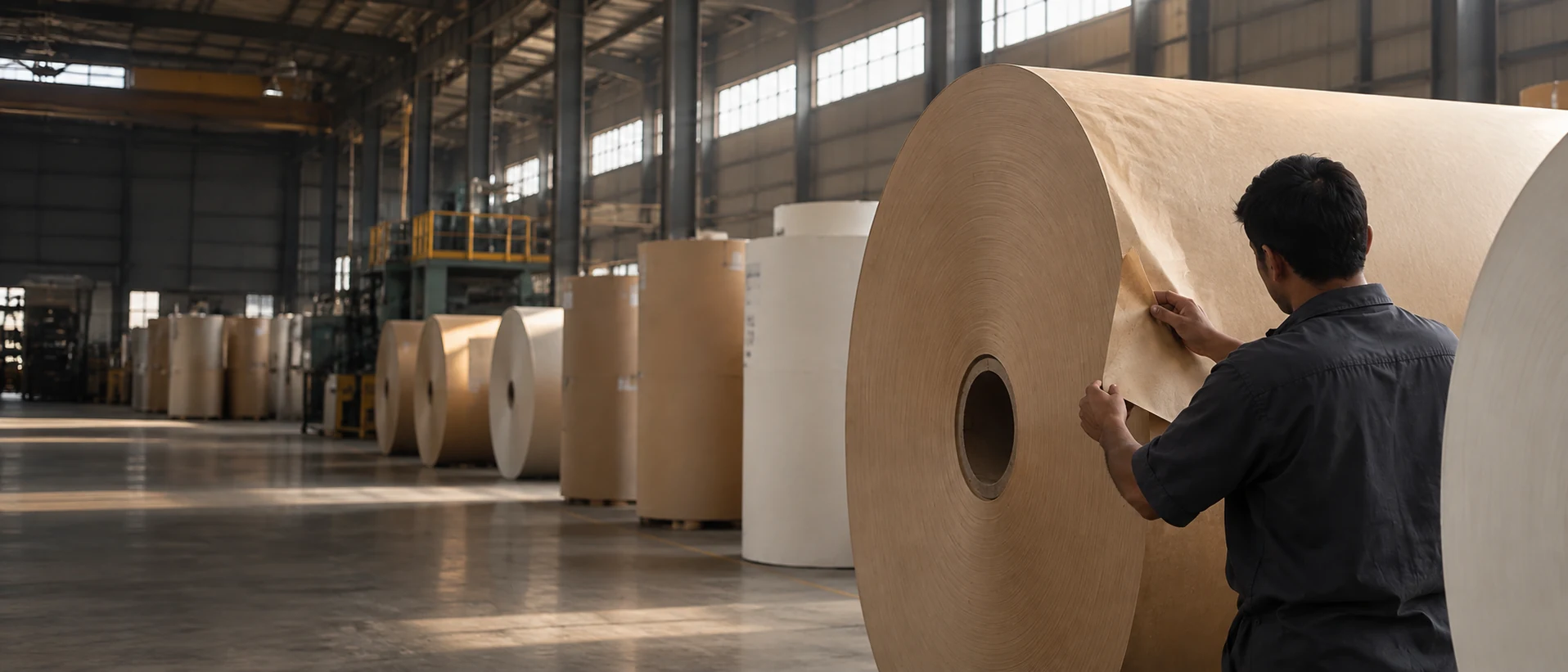 Paper specialist inspecting a kraft reel in the warehouse