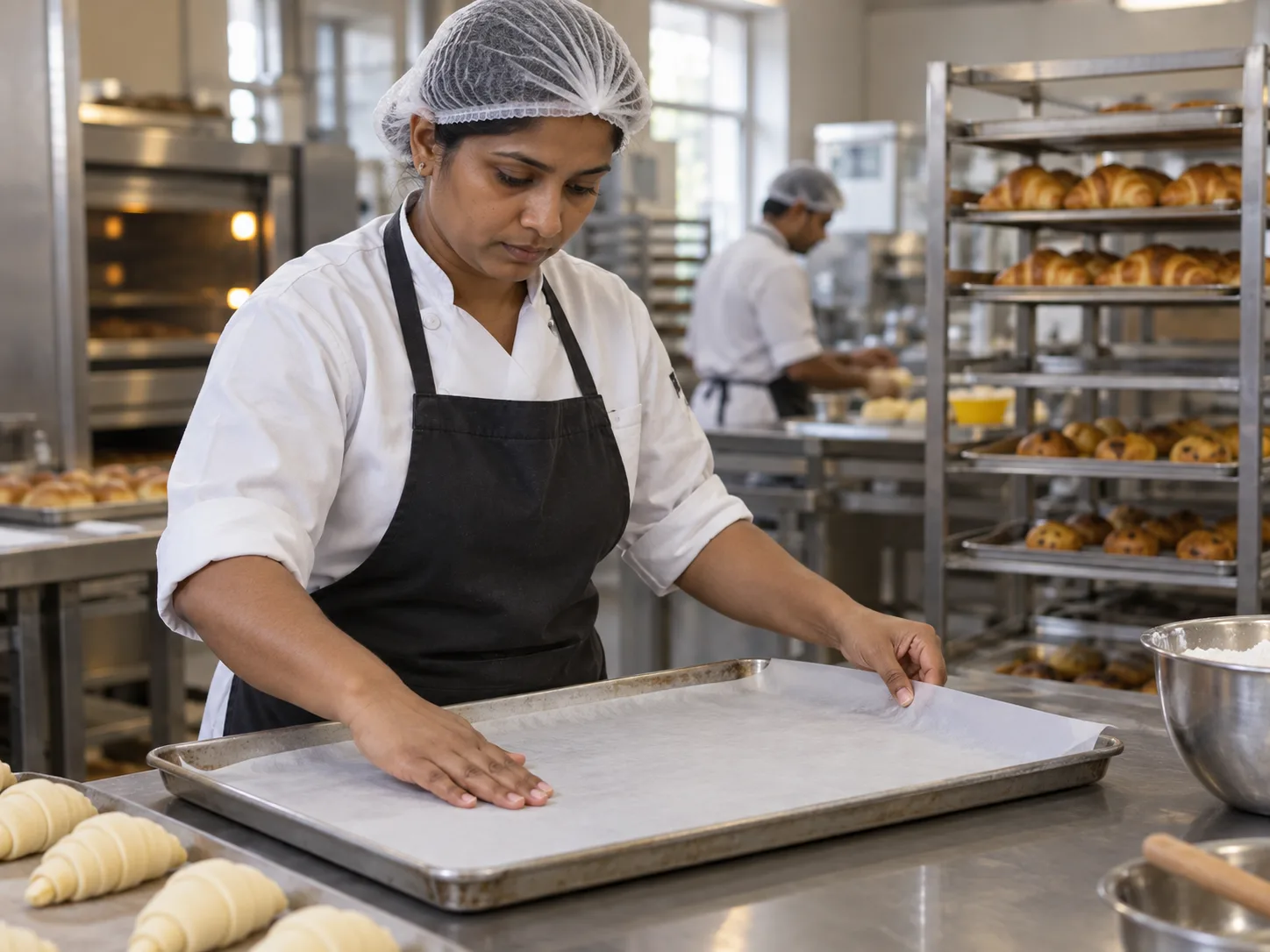 Baker lining a commercial baking tray with butter paper