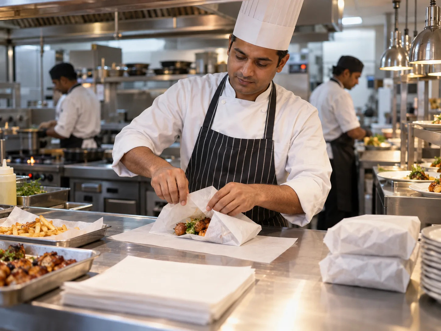 Hotel chef wrapping a prepared portion in greaseproof paper