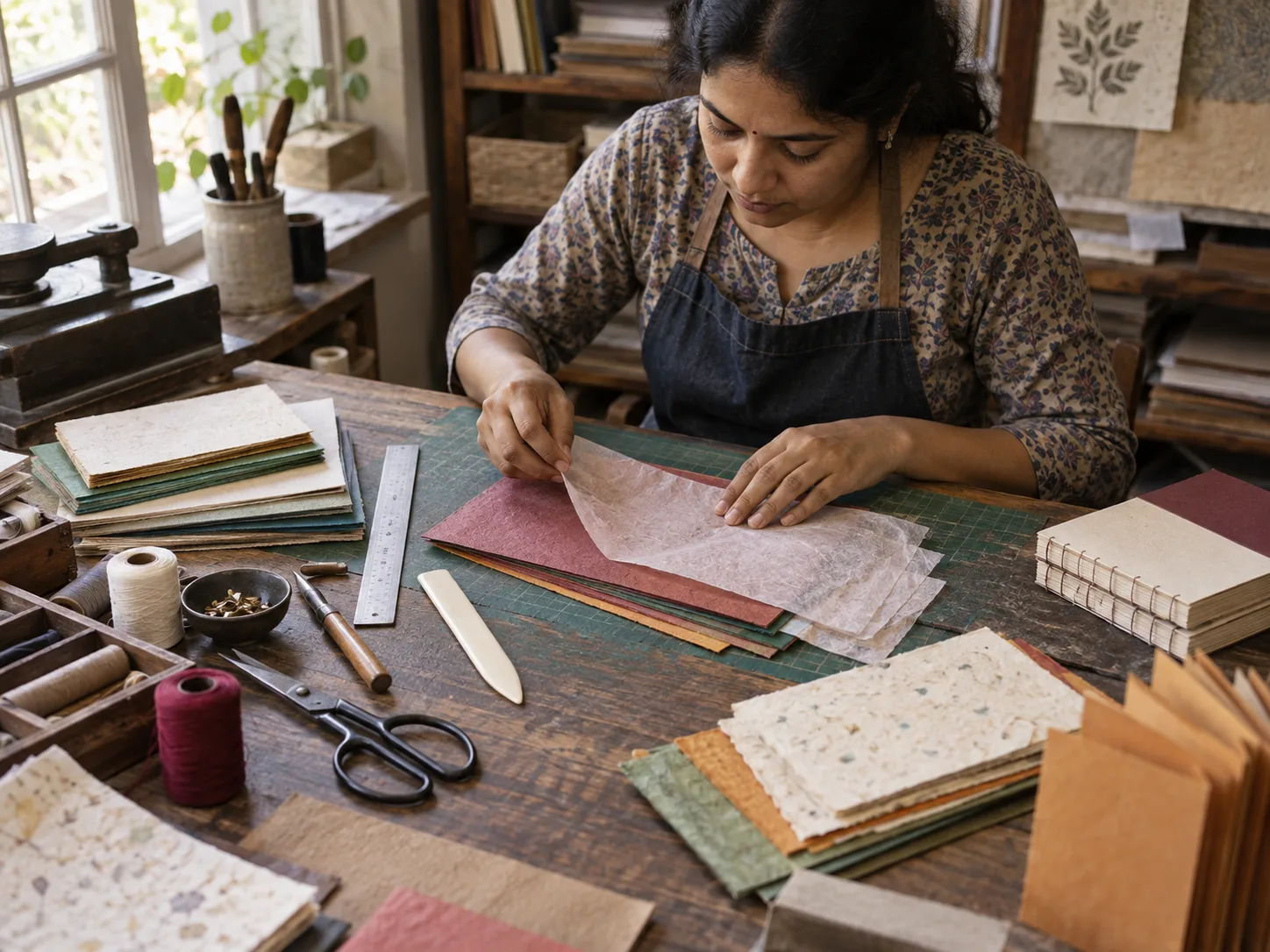 Bookbinder layering art and tissue papers at an artisan worktable