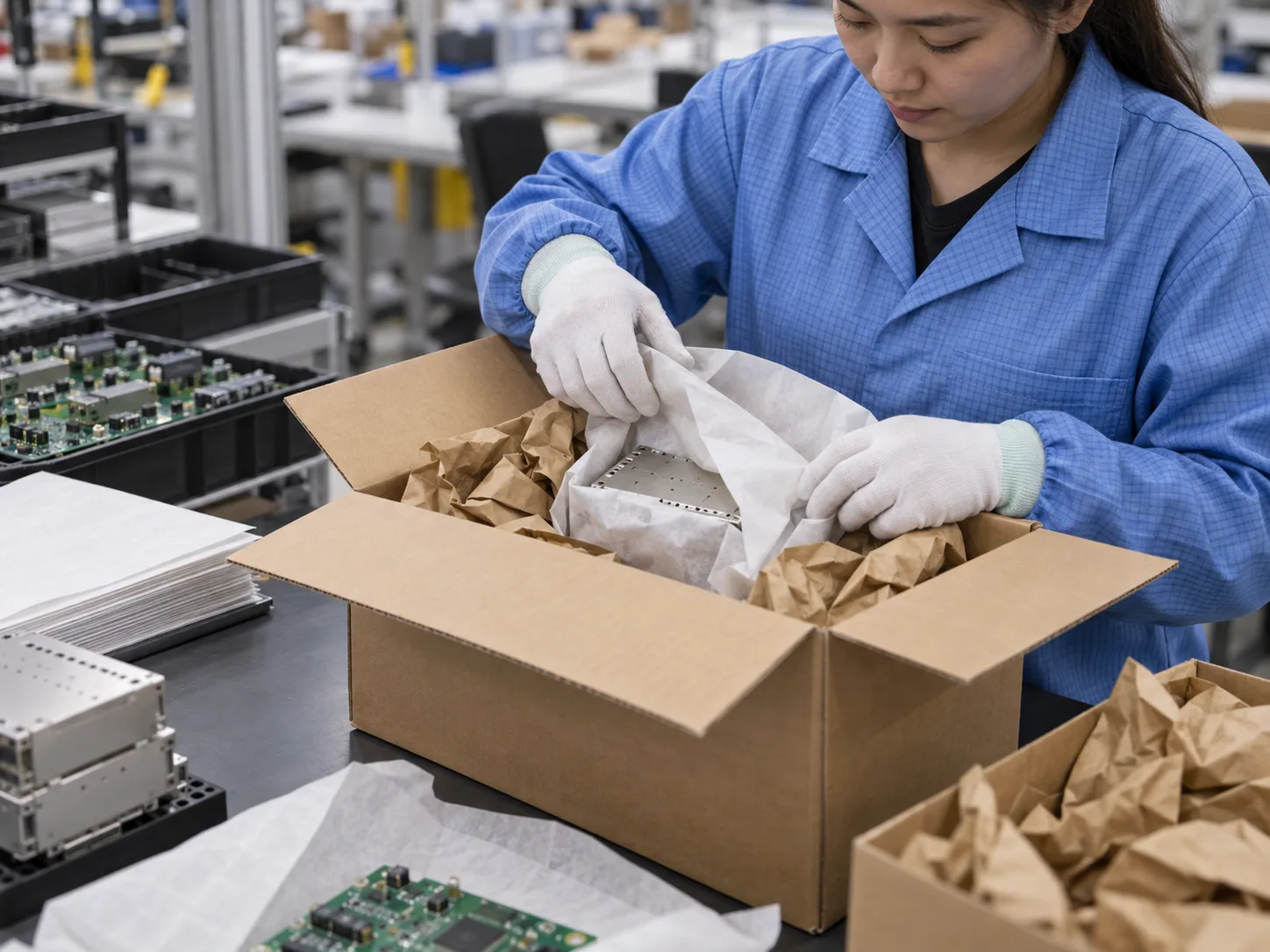 Electronics technician packing a component with protective paper and kraft fill
